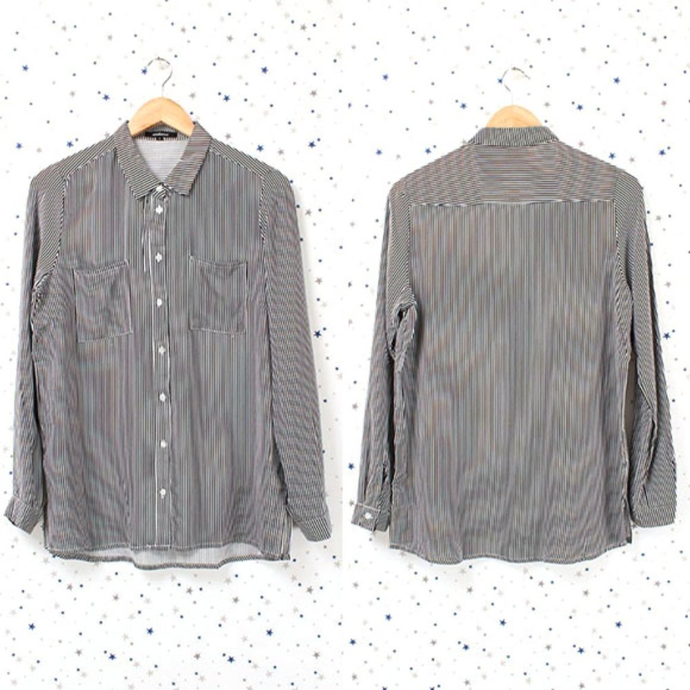 Black White Stripe Button Up Boyfriend Dress Shirt